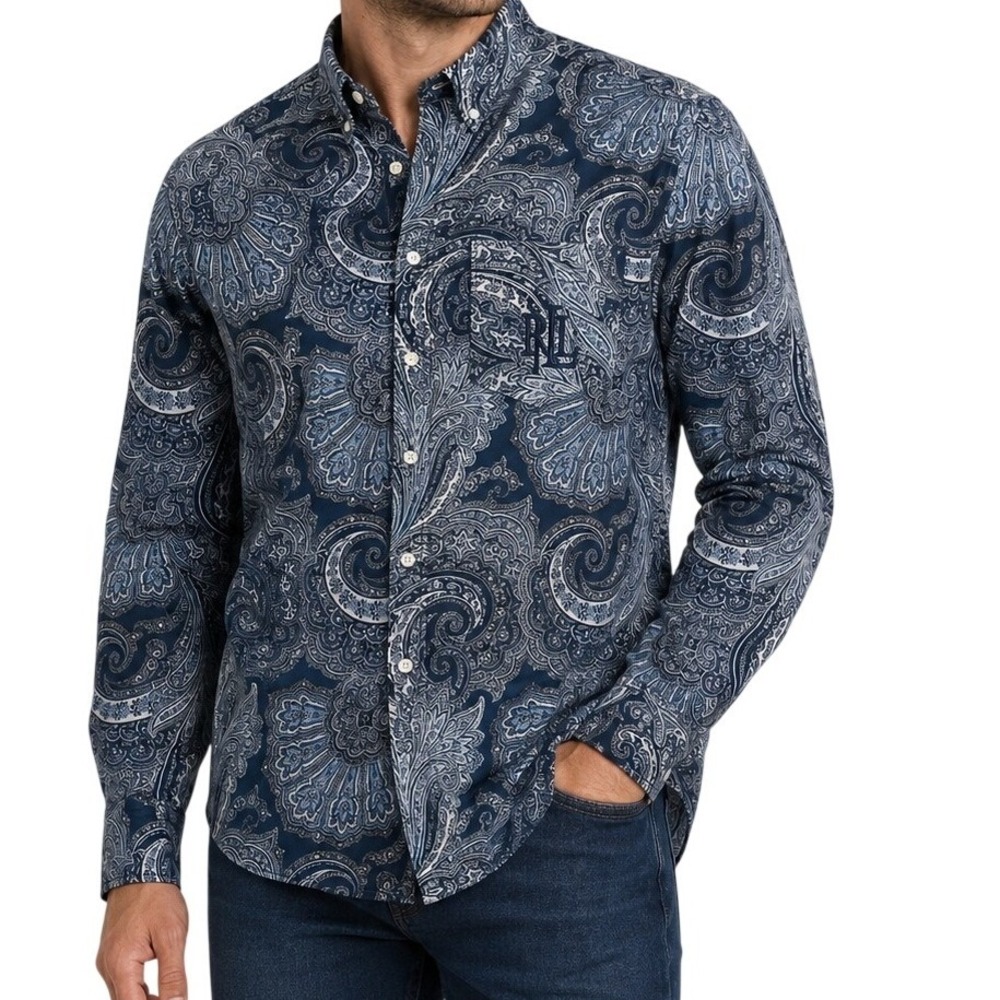 Lauren Ralph Lauren Navy Blue Paisley Button Up Long Sleeve Shirt Men's Large